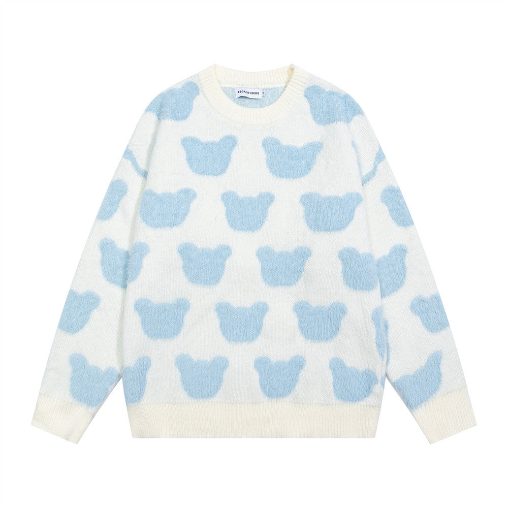 Street Style Cartoon Bear All-Over Jacquard Long Sleeve Round Neck Men's Sweater