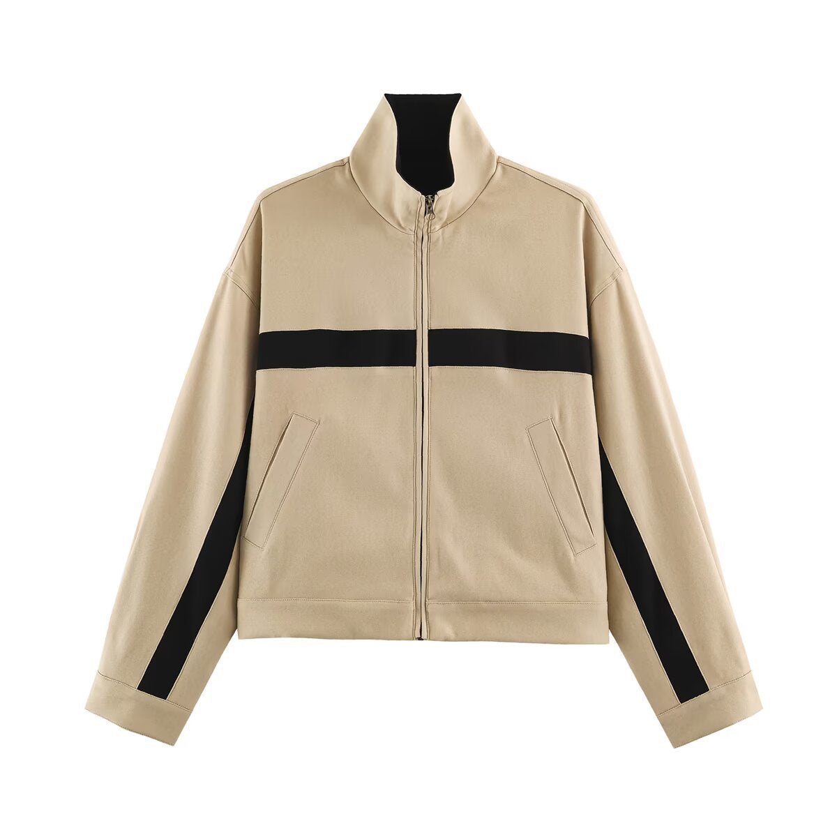 Letter embroidery contrasting color casual sports stand up collar long sleeved jacket