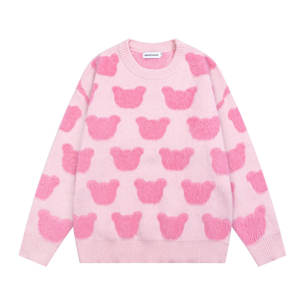 Street Style Cartoon Bear All-Over Jacquard Long Sleeve Round Neck Men's Sweater