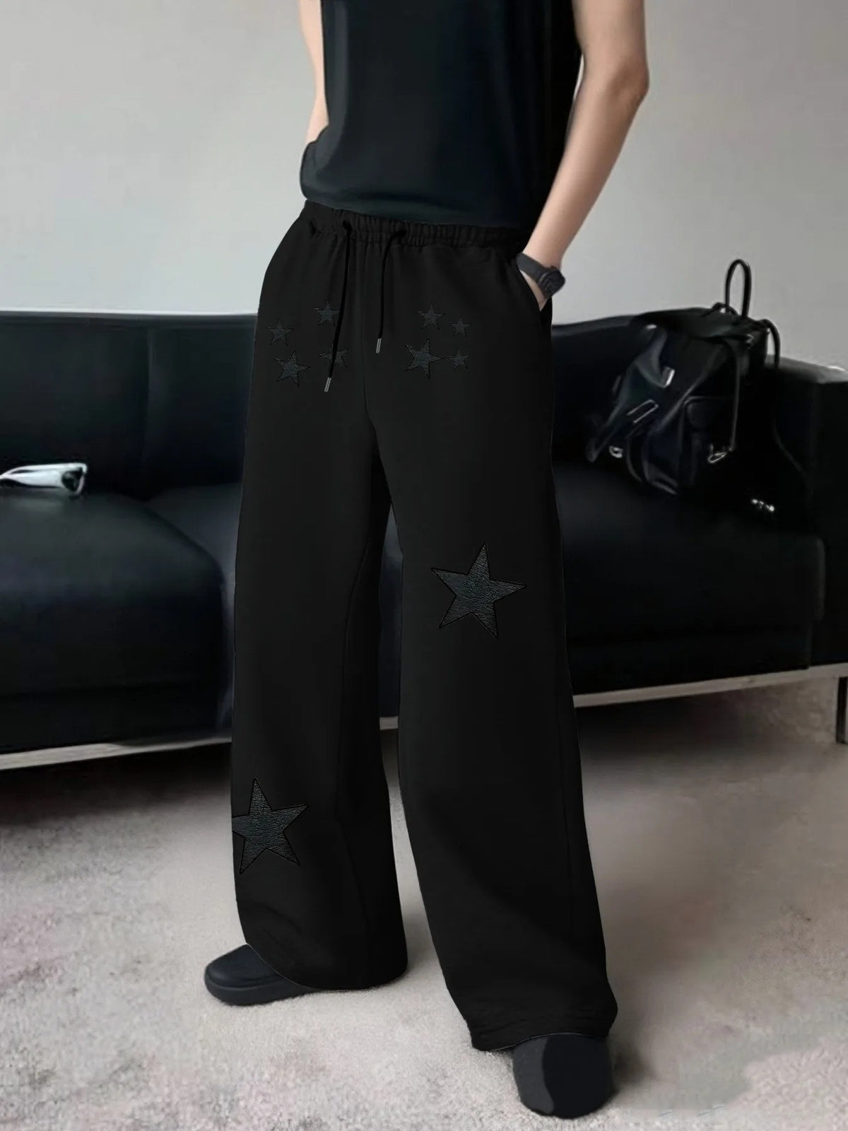 Dark Gothic Star Print Wide Leg Drawstring Sweatpants Unisex