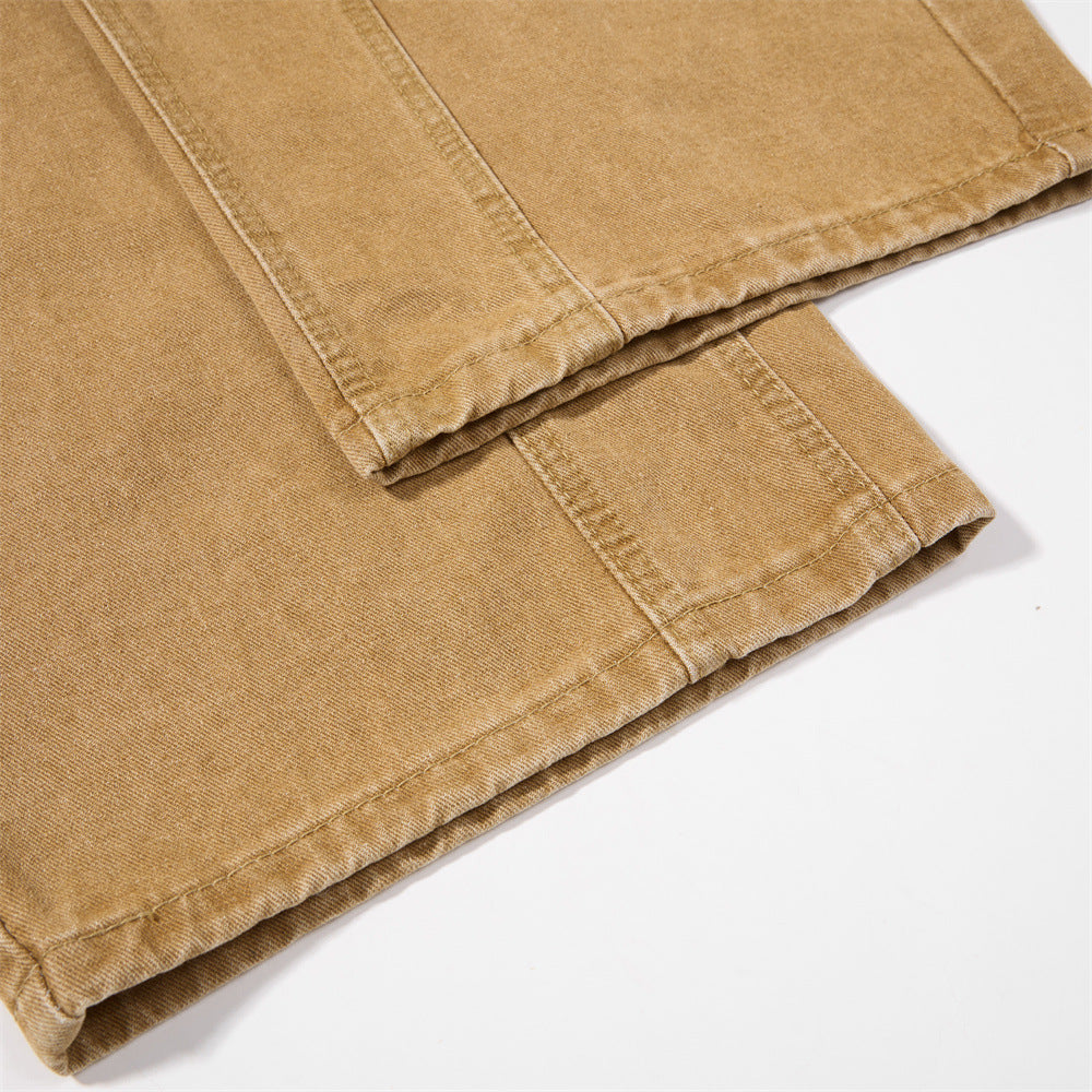 Men's Retro Washed Distressed Wide Leg Casual Pants with Curved Seam and Back Patch Pocket Embroidery