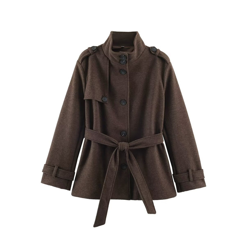 Casual versatile tricolor stand up collar button embellished lace up mid length jacket