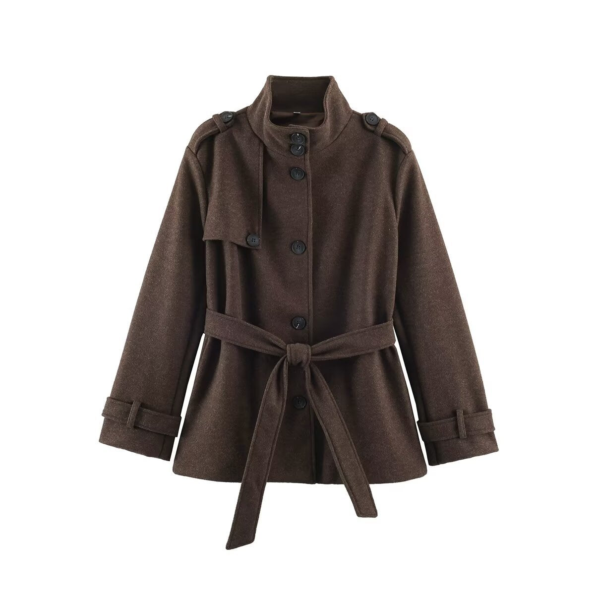 Casual versatile tricolor stand up collar button embellished lace up mid length jacket