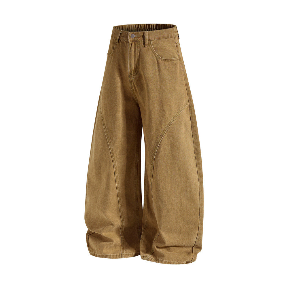 Men's Retro Washed Distressed Wide Leg Casual Pants with Curved Seam and Back Patch Pocket Embroidery