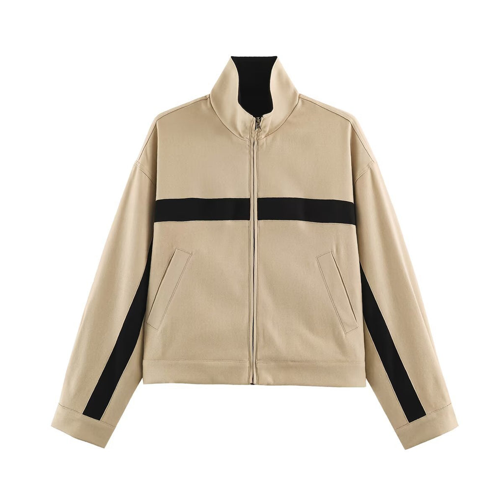 Letter embroidery contrasting color casual sports stand up collar long sleeved jacket