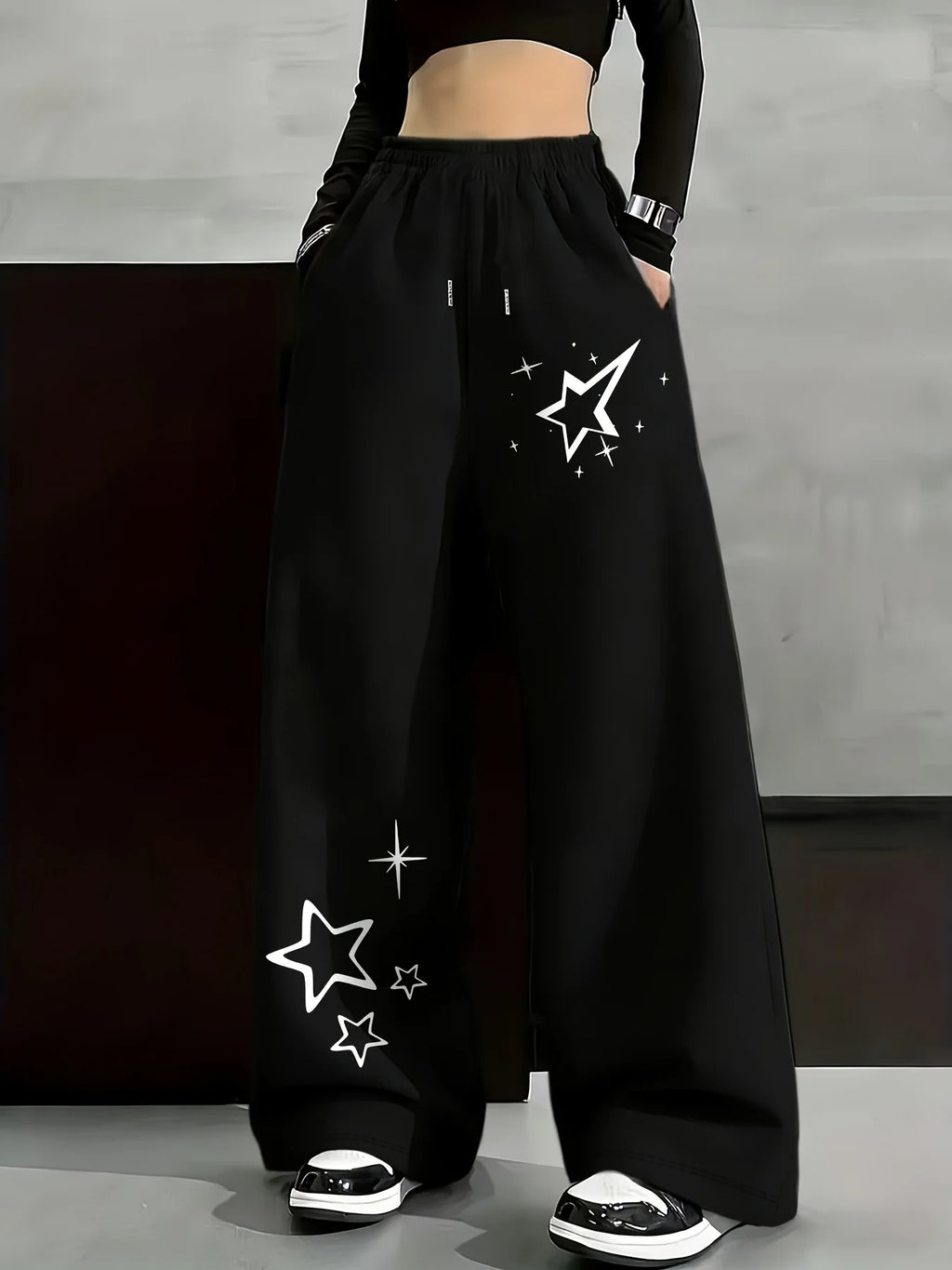Dark Gothic Star Print Wide Leg Drawstring Sweatpants Unisex