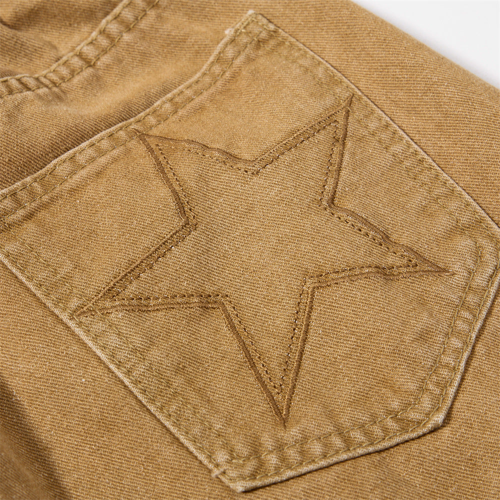Men's Retro Washed Distressed Wide Leg Casual Pants with Curved Seam and Back Patch Pocket Embroidery