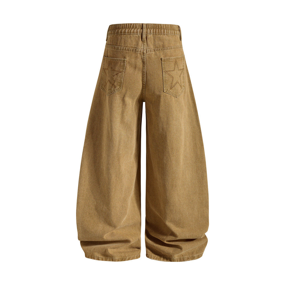 Men's Retro Washed Distressed Wide Leg Casual Pants with Curved Seam and Back Patch Pocket Embroidery