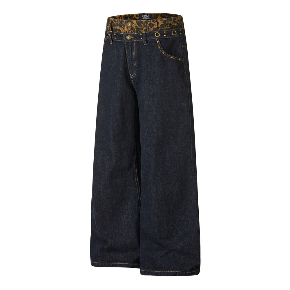 Men's Denim Wide Leg Pants with Leopard Print Splicing and Rivet Details, Double Waistband Streetwear Trousers