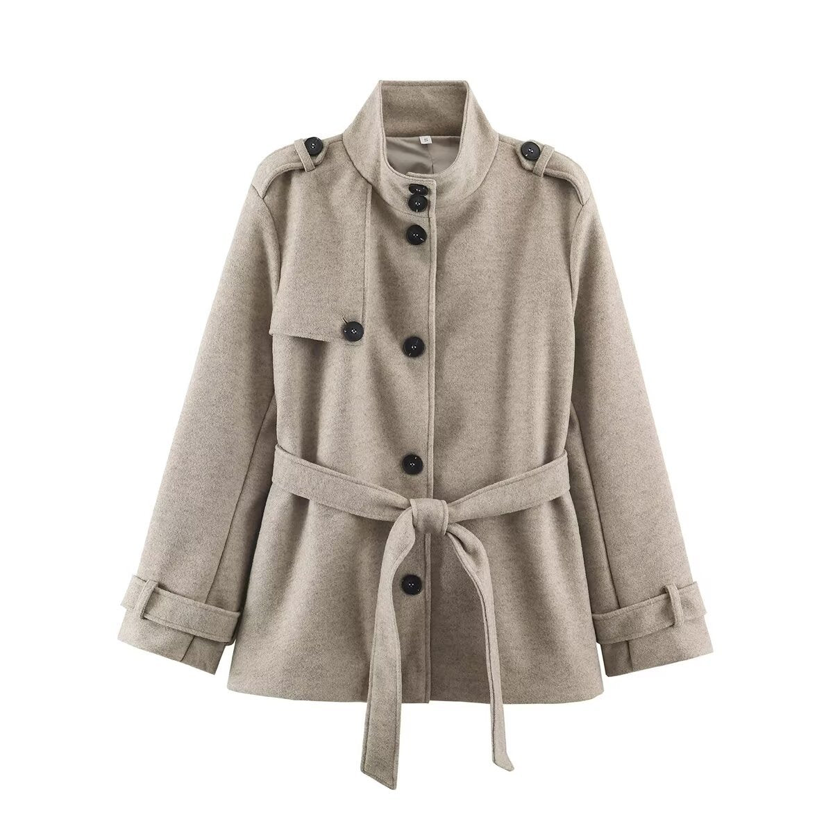 Casual versatile tricolor stand up collar button embellished lace up mid length jacket