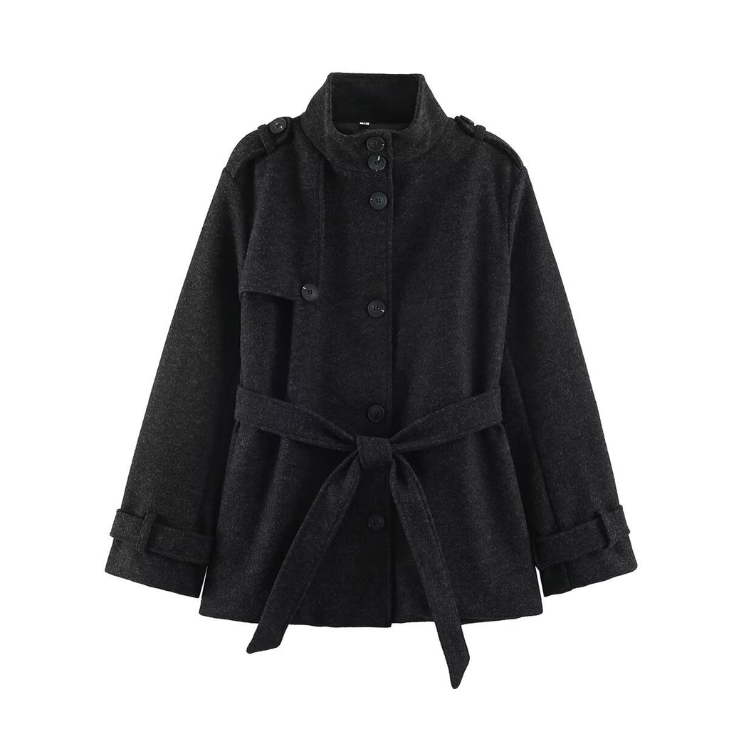 Casual versatile tricolor stand up collar button embellished lace up mid length jacket