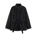 Casual versatile tricolor stand up collar button embellished lace up mid length jacket