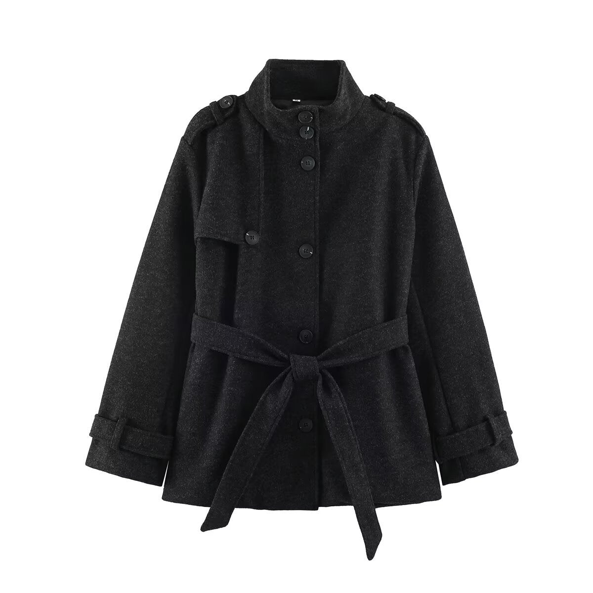 Casual versatile tricolor stand up collar button embellished lace up mid length jacket