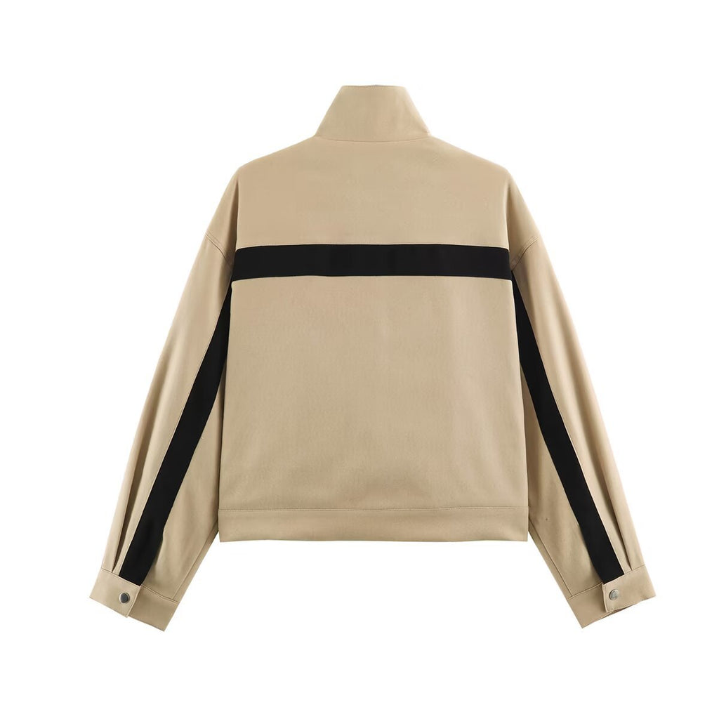 Letter embroidery contrasting color casual sports stand up collar long sleeved jacket