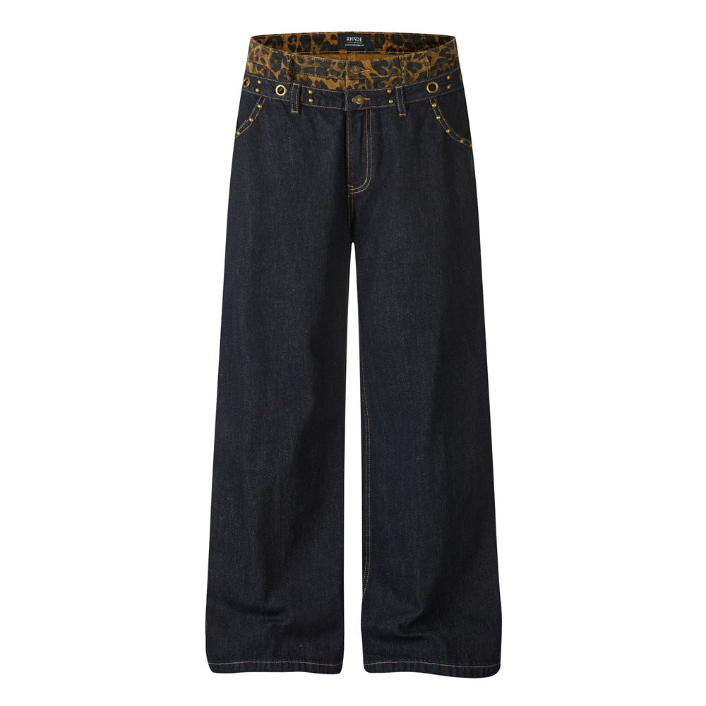 Men's Denim Wide Leg Pants with Leopard Print Splicing and Rivet Details, Double Waistband Streetwear Trousers