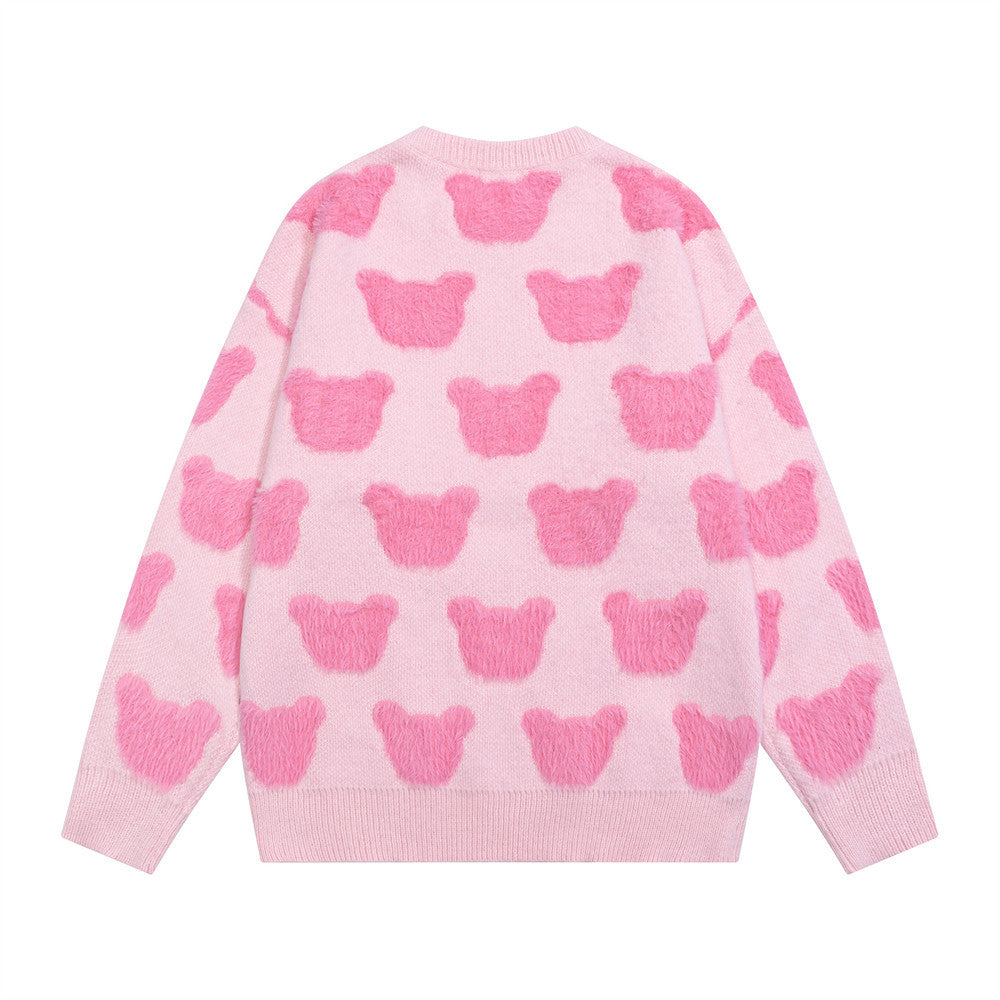 Street Style Cartoon Bear All-Over Jacquard Long Sleeve Round Neck Men's Sweater