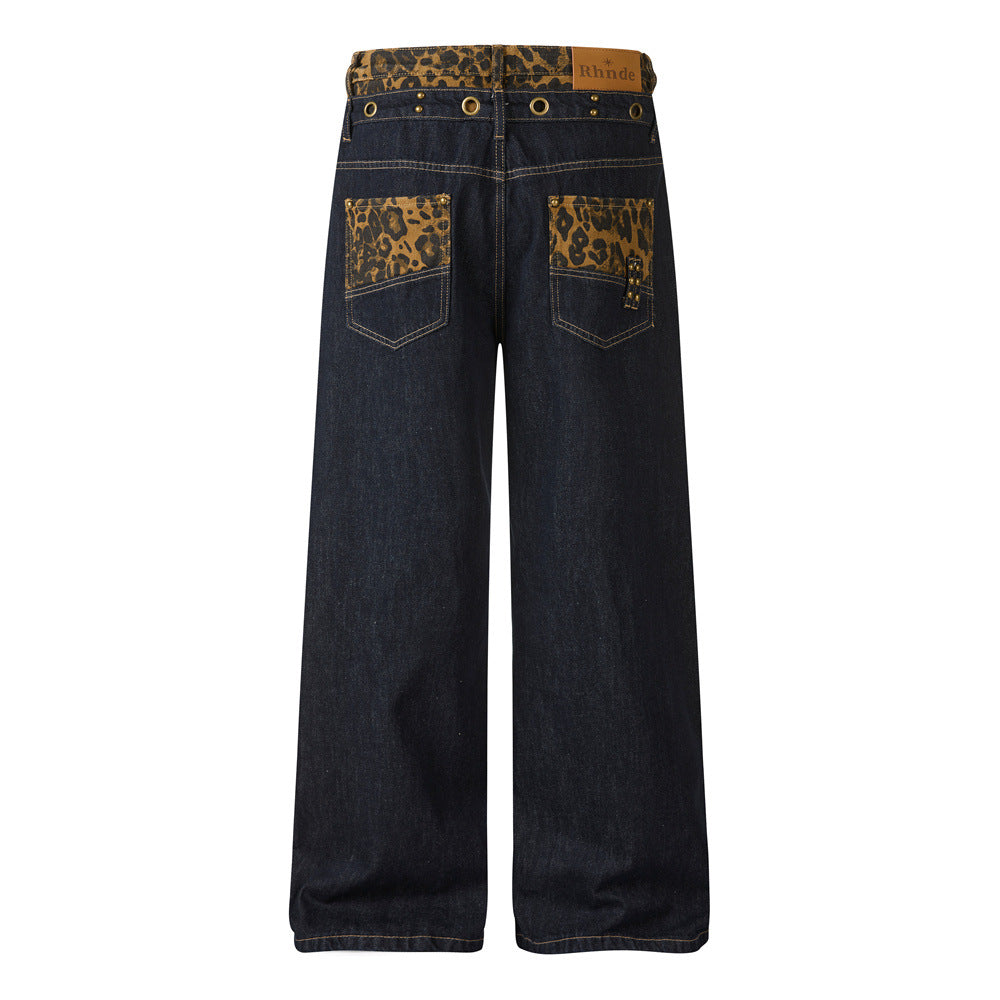 Men's Denim Wide Leg Pants with Leopard Print Splicing and Rivet Details, Double Waistband Streetwear Trousers