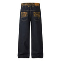 Men's Denim Wide Leg Pants with Leopard Print Splicing and Rivet Details, Double Waistband Streetwear Trousers