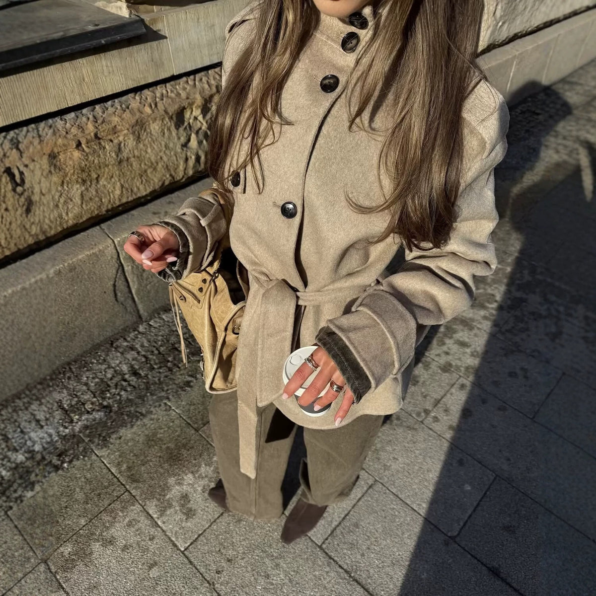 Casual versatile tricolor stand up collar button embellished lace up mid length jacket