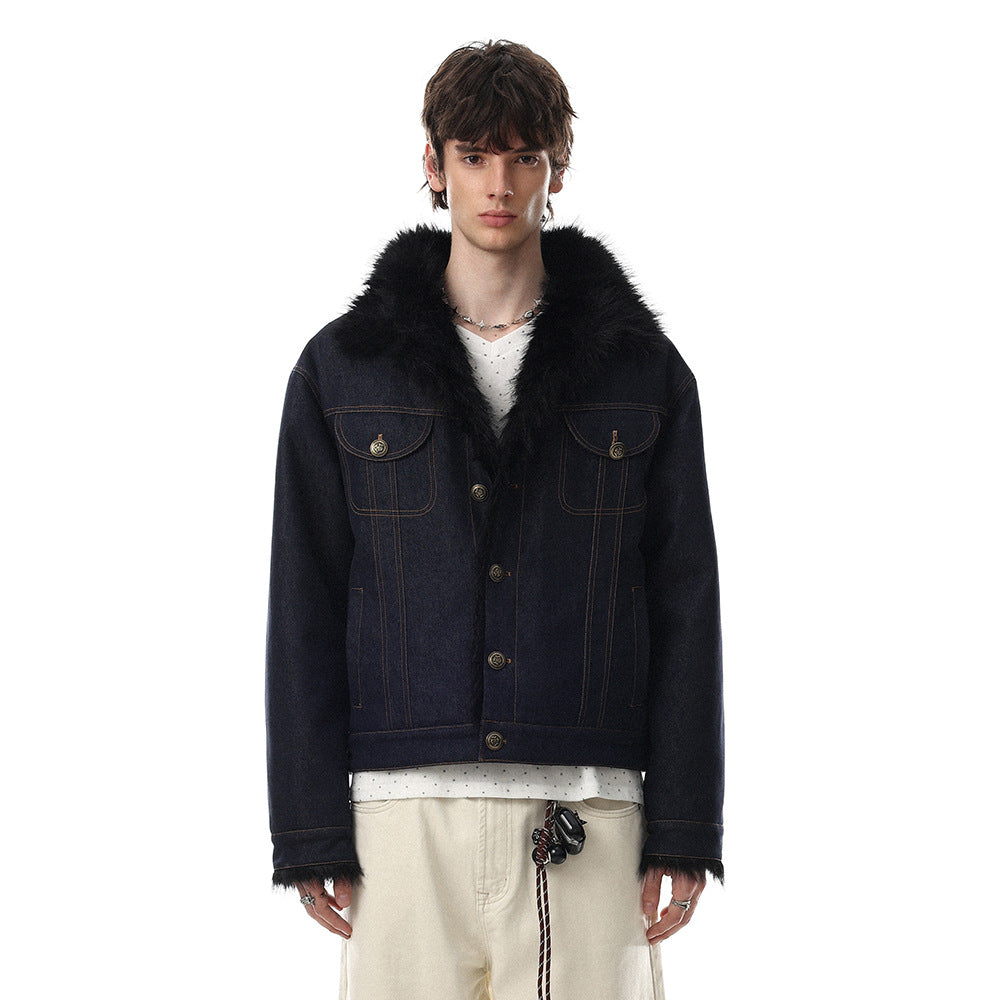 Men's Punk Workwear Raw Denim Cotton-Padded Lapel Collar Loose Fit Jacket