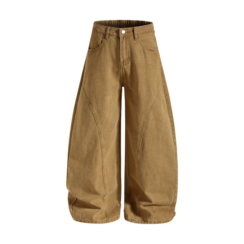Men's Retro Washed Distressed Wide Leg Casual Pants with Curved Seam and Back Patch Pocket Embroidery