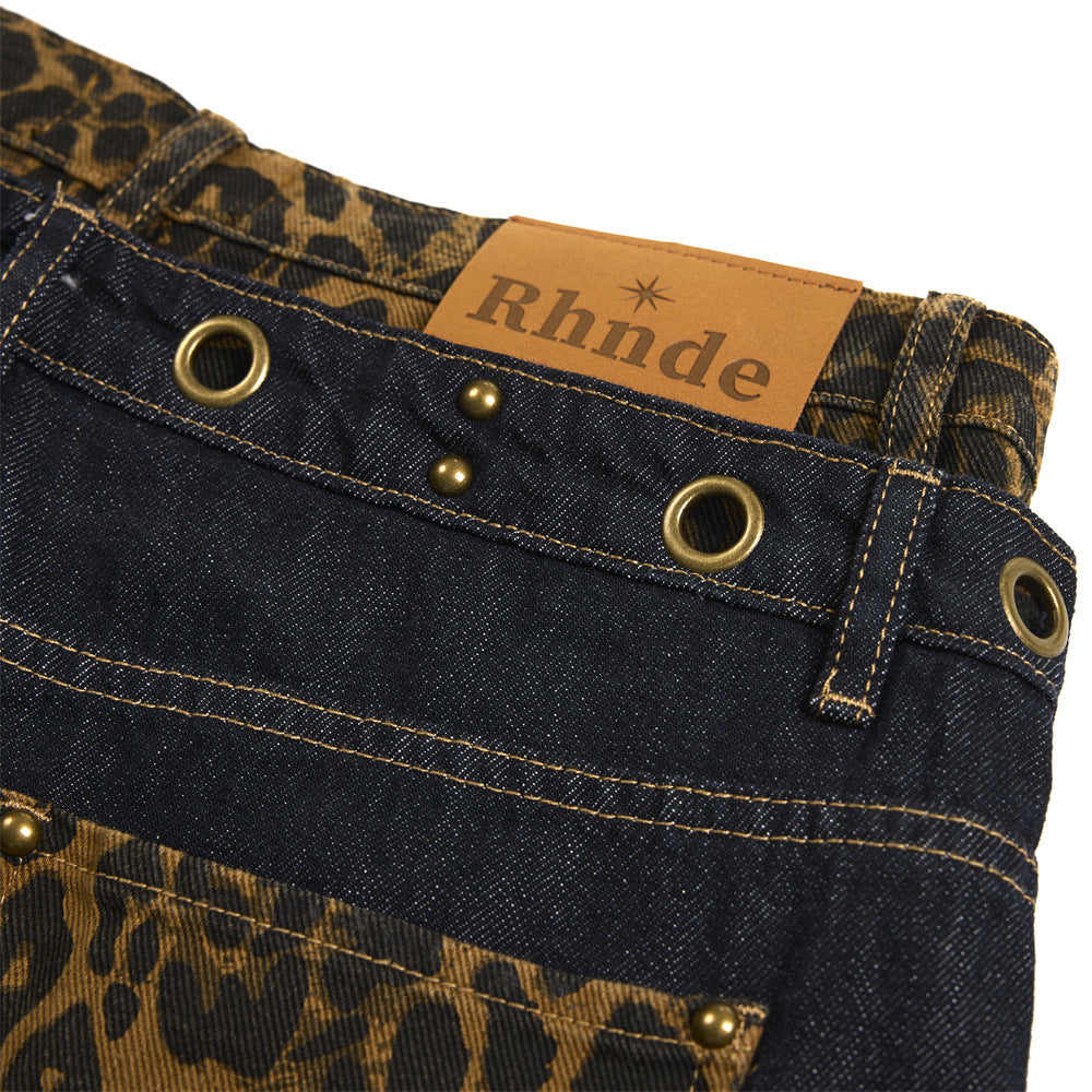 Men's Denim Wide Leg Pants with Leopard Print Splicing and Rivet Details, Double Waistband Streetwear Trousers