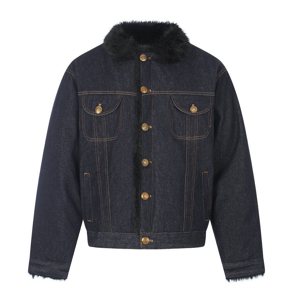 Men's Punk Workwear Raw Denim Cotton-Padded Lapel Collar Loose Fit Jacket