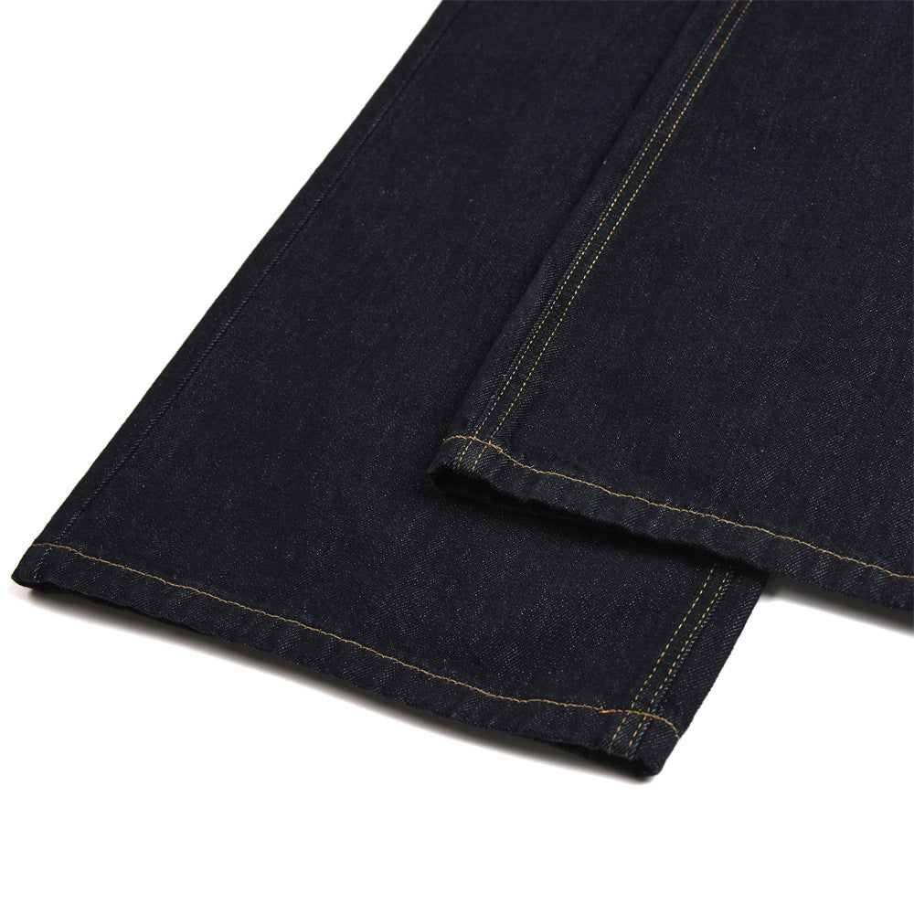 Men's Denim Wide Leg Pants with Leopard Print Splicing and Rivet Details, Double Waistband Streetwear Trousers