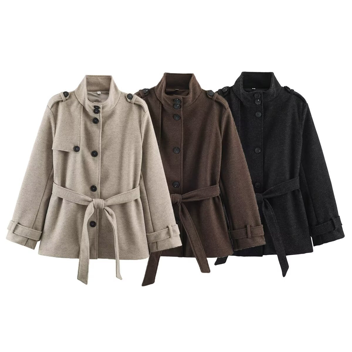 Casual versatile tricolor stand up collar button embellished lace up mid length jacket