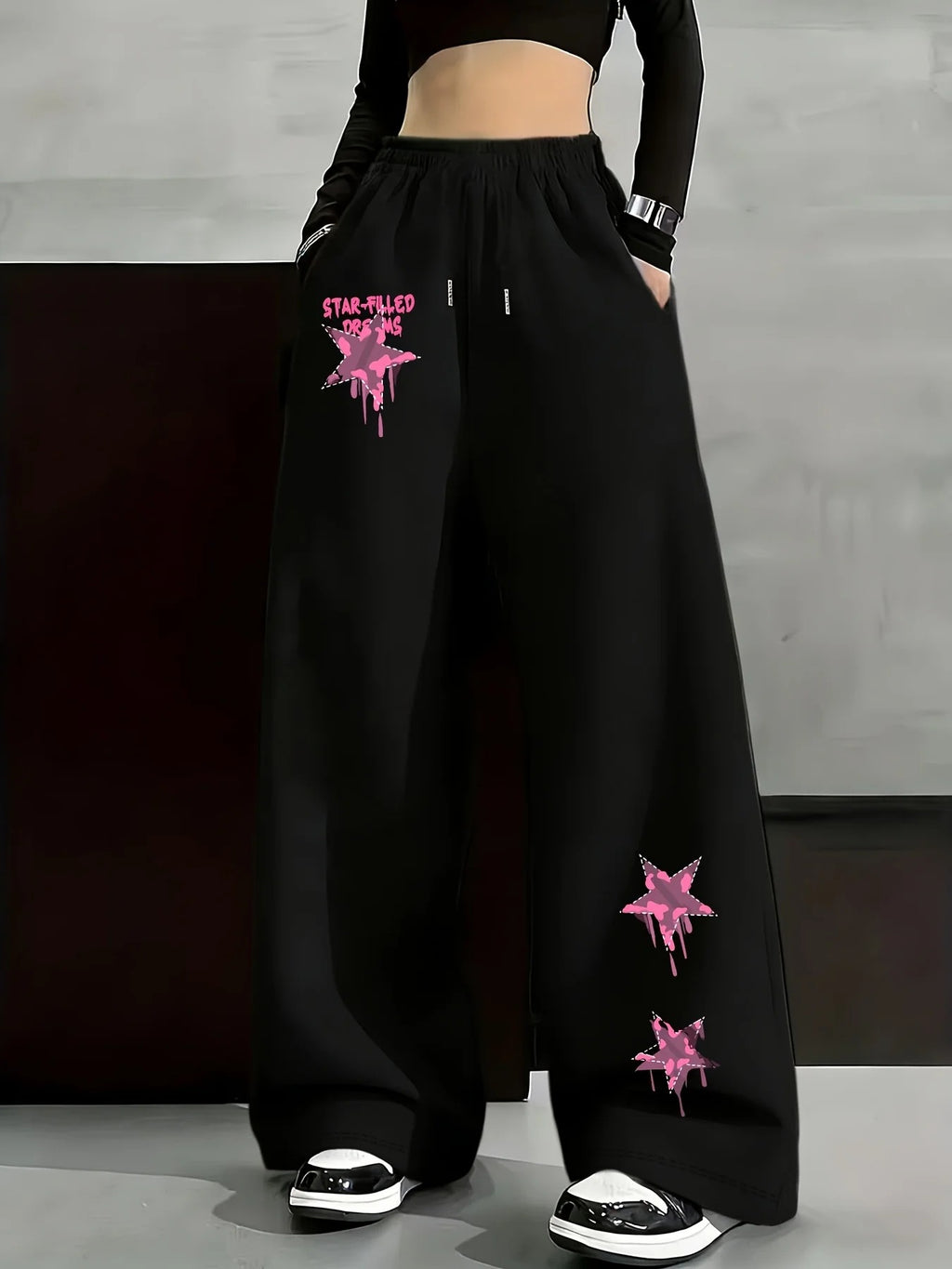 Dark Gothic Star Print Wide Leg Drawstring Sweatpants Unisex