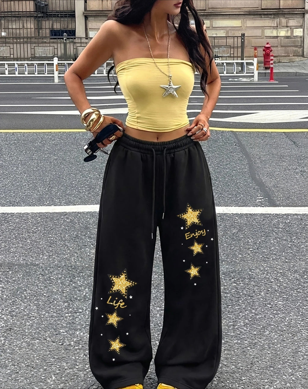 Dark Gothic Star Print Wide Leg Drawstring Sweatpants Unisex